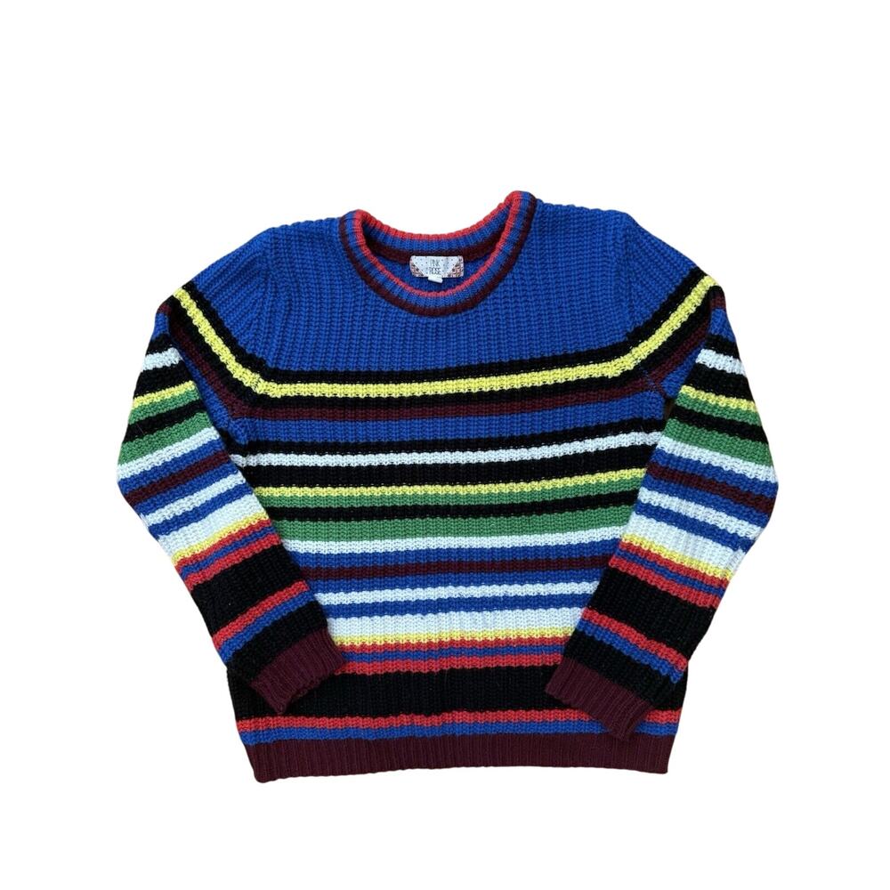 Pink Rose Sweater Striped Crewneck Modern Women Size Medium Blue Multi Rainbow